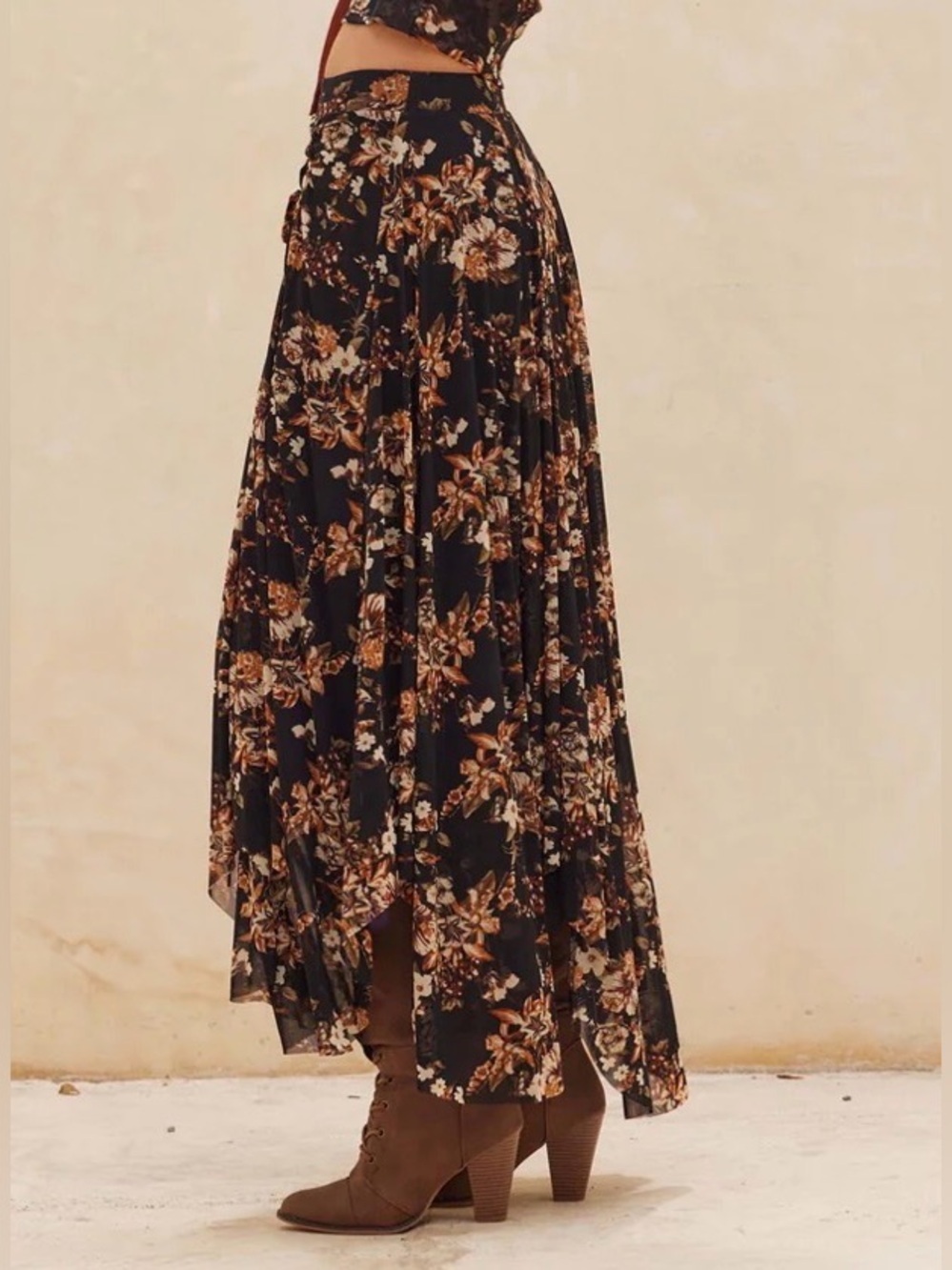 Promesa Cinched Asymmetrical Floral Print Gypsy Boho Maxi Skirt - Picture 6 of 7